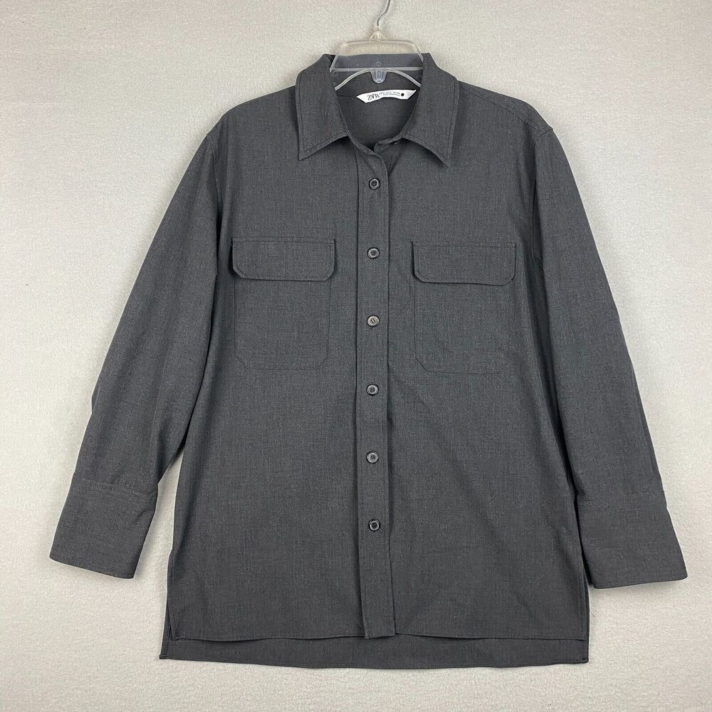 Zara Women's Small Button Down Shirt Charcoal Gray Woven Long Sleeve Casual
